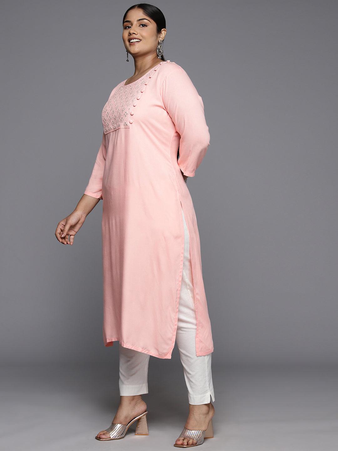 Plus Size Peach Rayon Yoke Design Straight Kurta