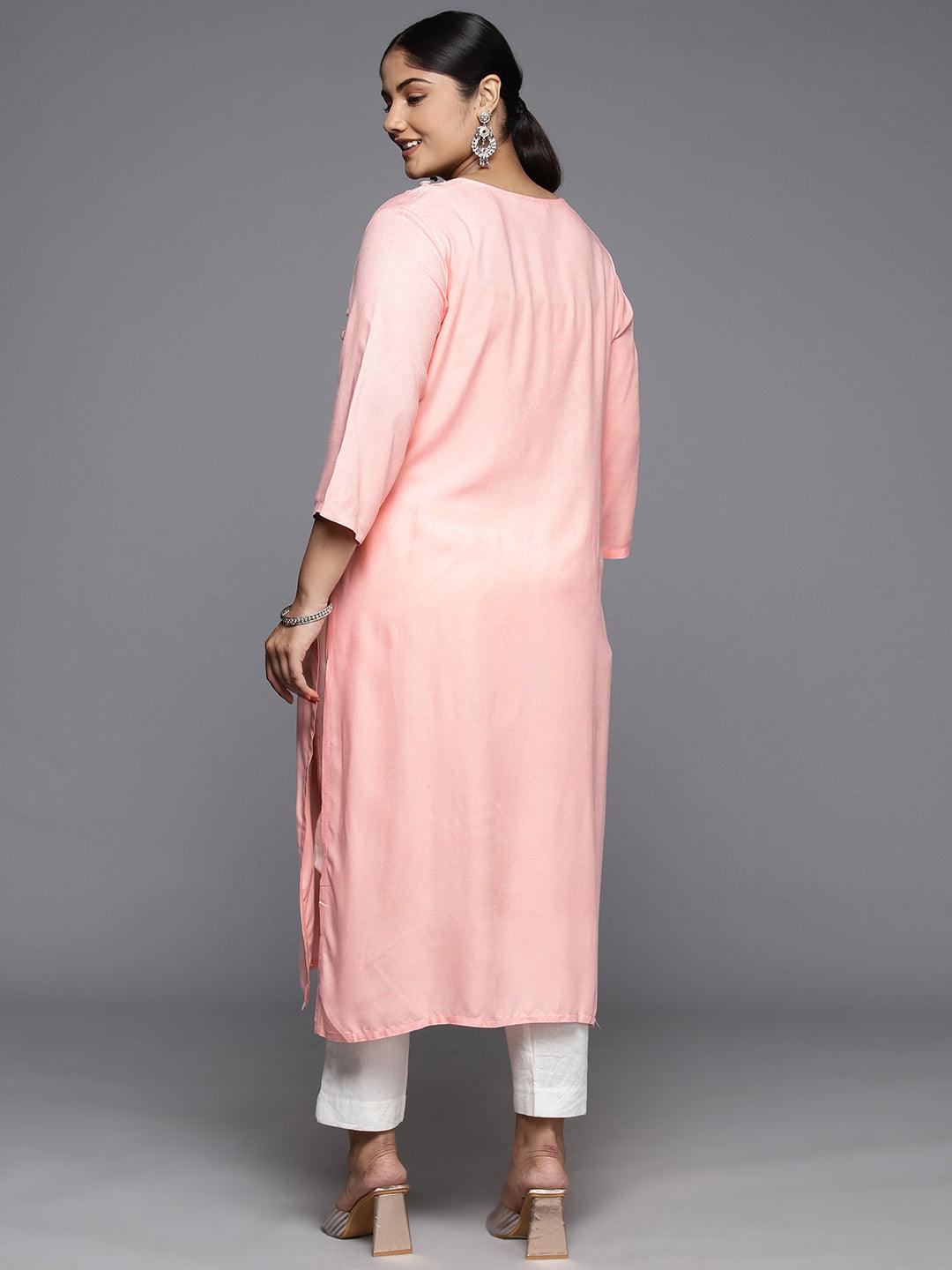 Plus Size Peach Rayon Yoke Design Straight Kurta