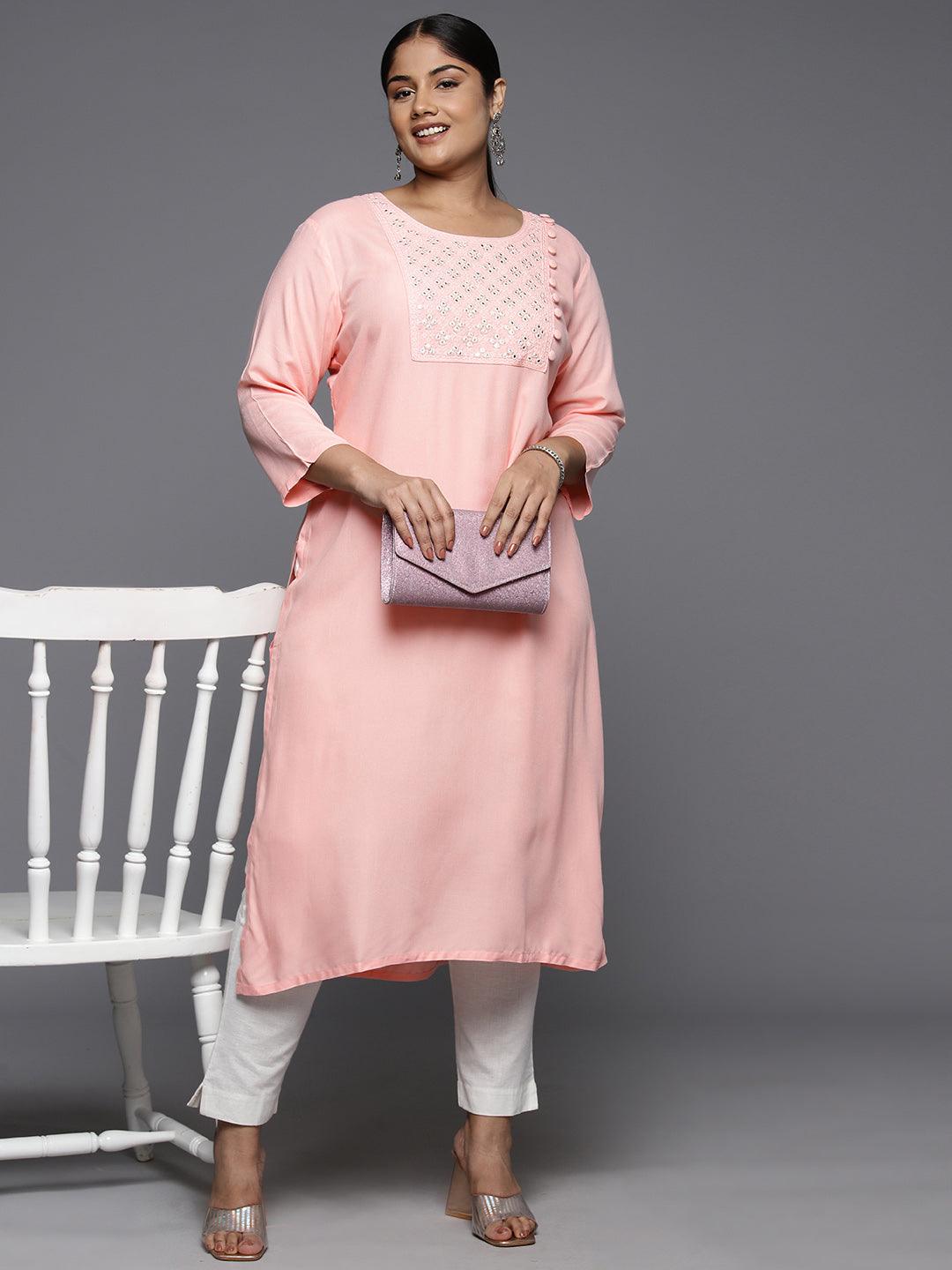 Plus Size Peach Rayon Yoke Design Straight Kurta