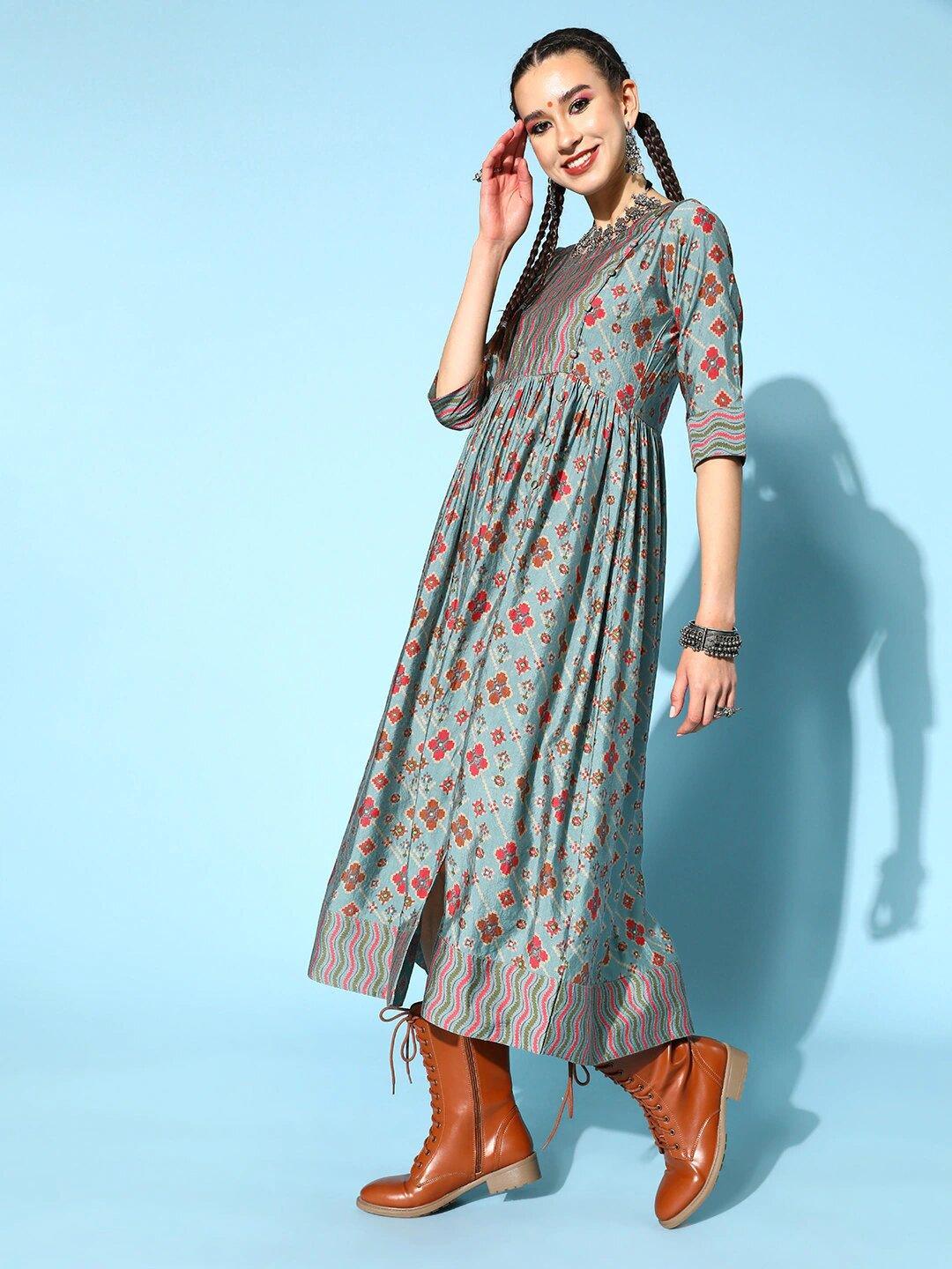 Blue Printed Rayon A-Line Kurti