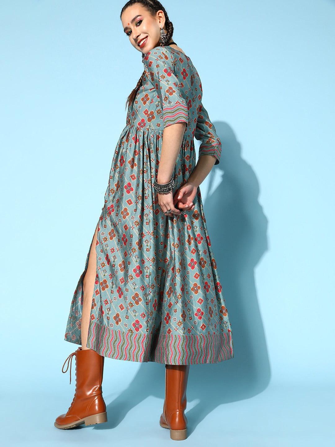 Blue Printed Rayon A-Line Kurti