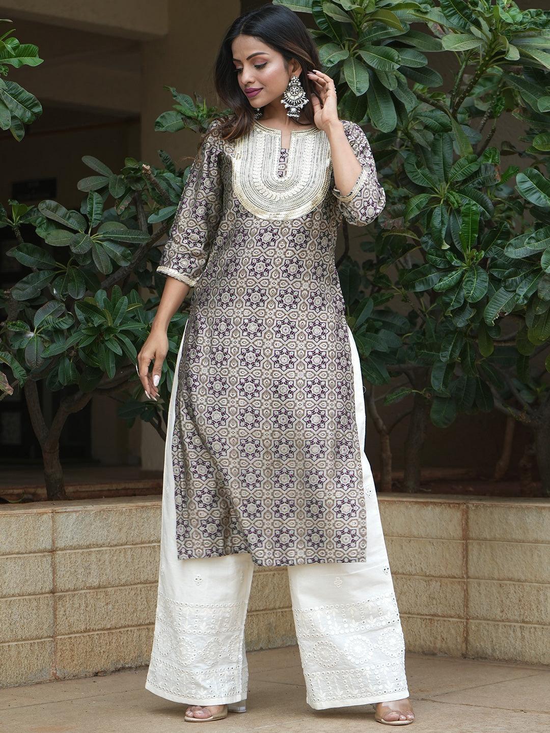 Grey Printed Silk Straight Kurta