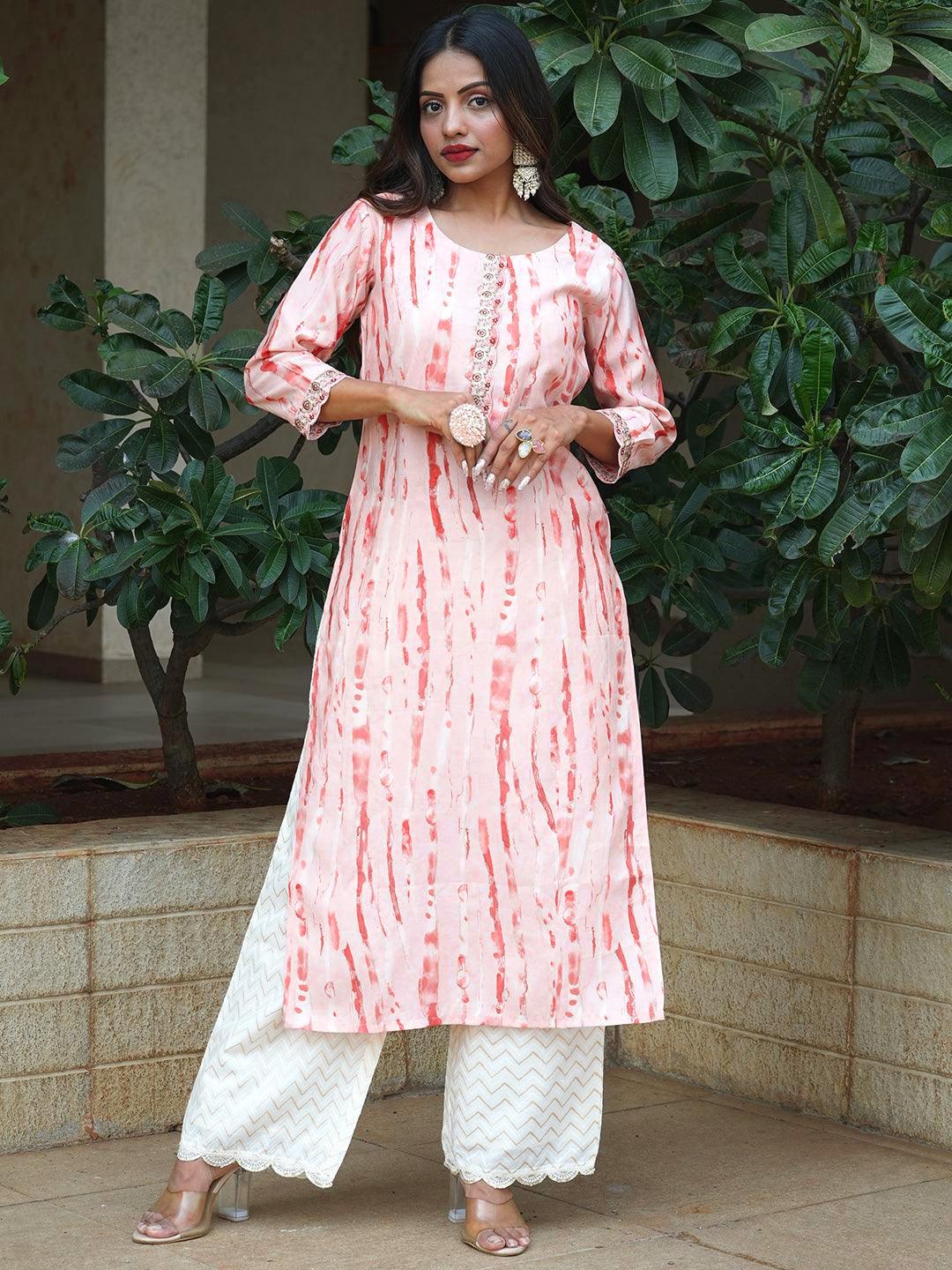 Peach Printed Silk Straight Kurta - ShopLibas