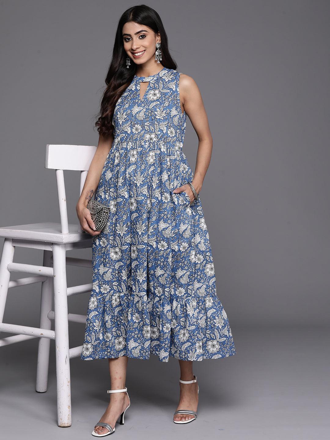 Blue Printed Cotton Fit and Flare Dress