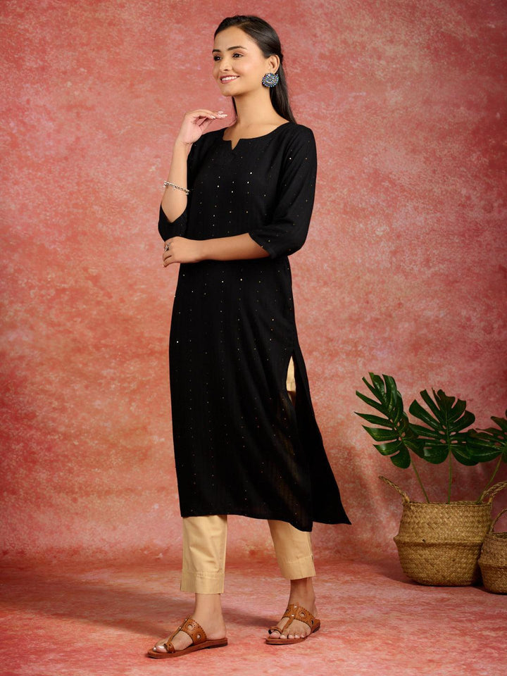 Black Embroidered Rayon Straight Kurta - ShopLibas