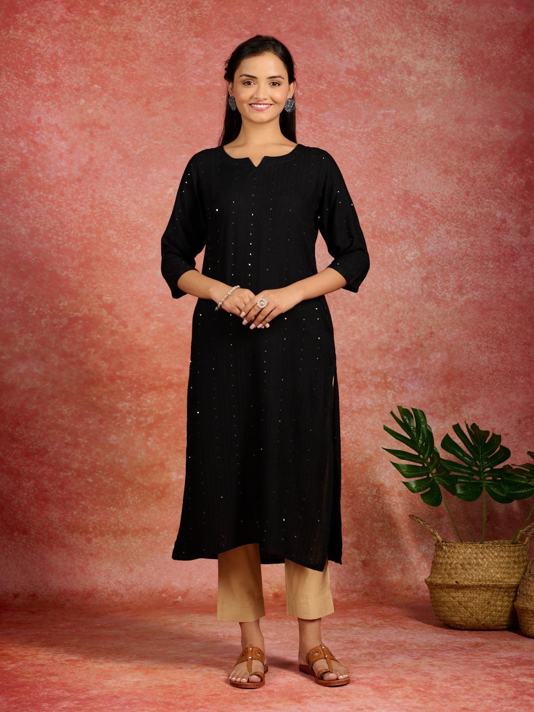 Black Embroidered Rayon Straight Kurta