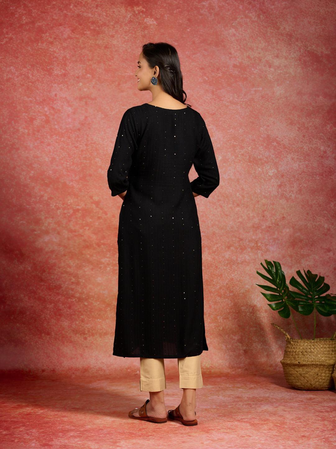 Black Embroidered Rayon Straight Kurta