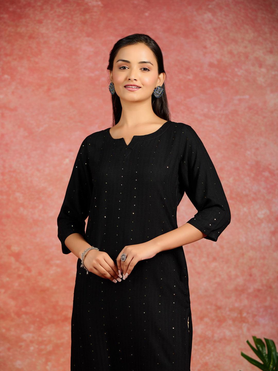 Black Embroidered Rayon Straight Kurta