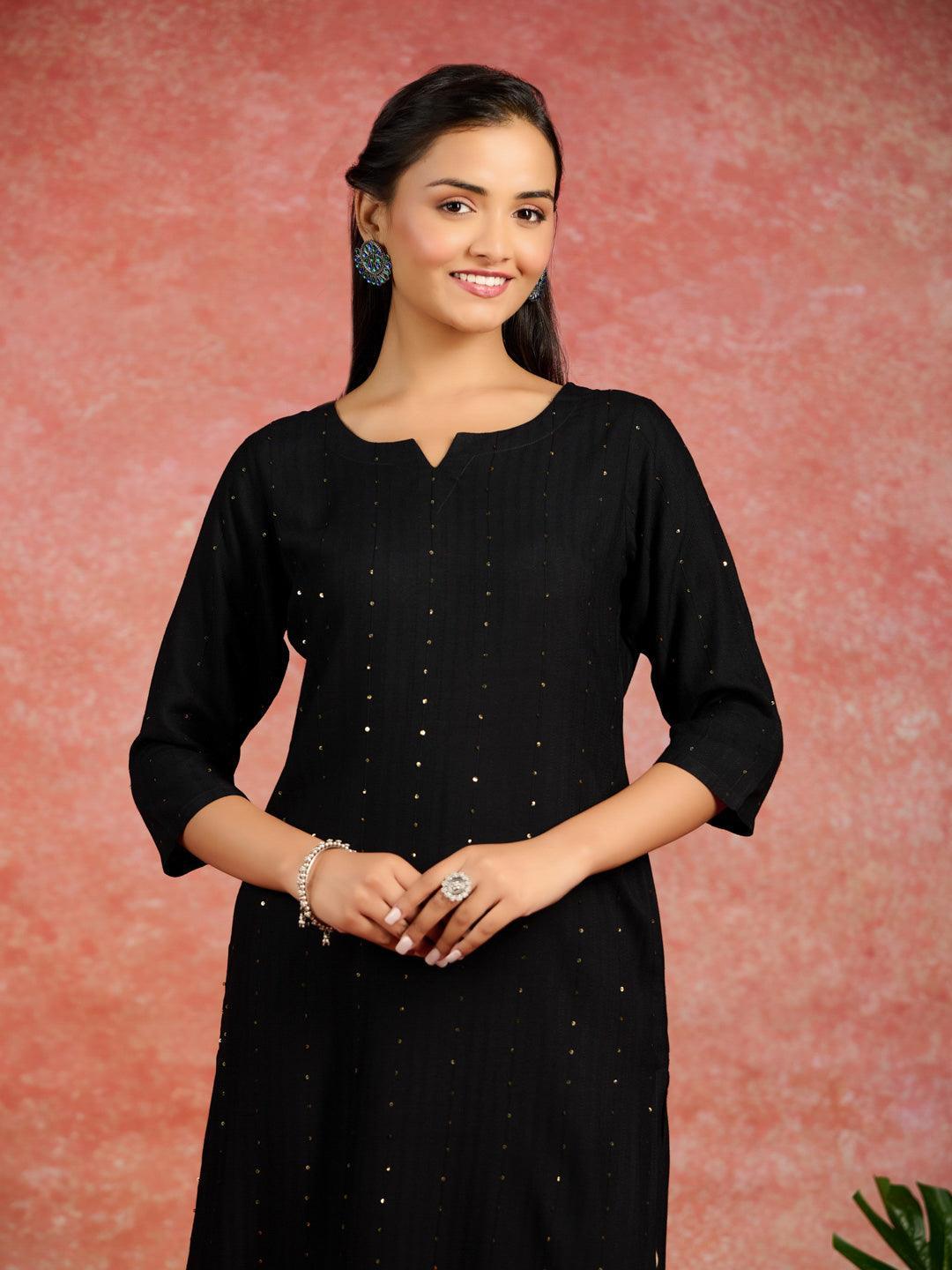 Black Embroidered Rayon Straight Kurta