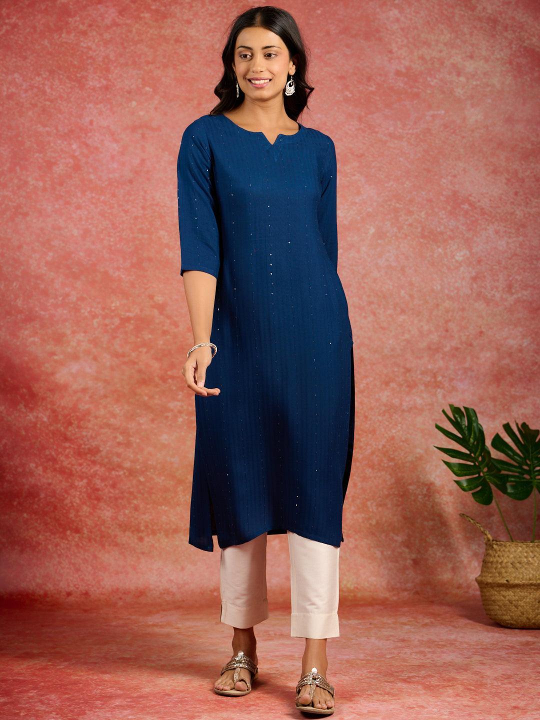 Blue Embroidered Rayon Straight Kurta