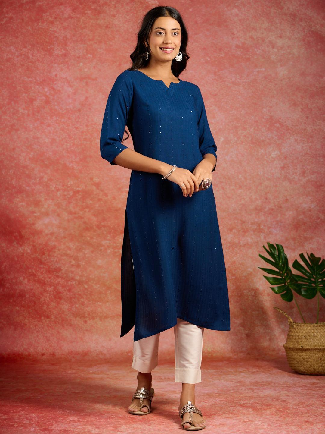 Blue Embroidered Rayon Straight Kurta