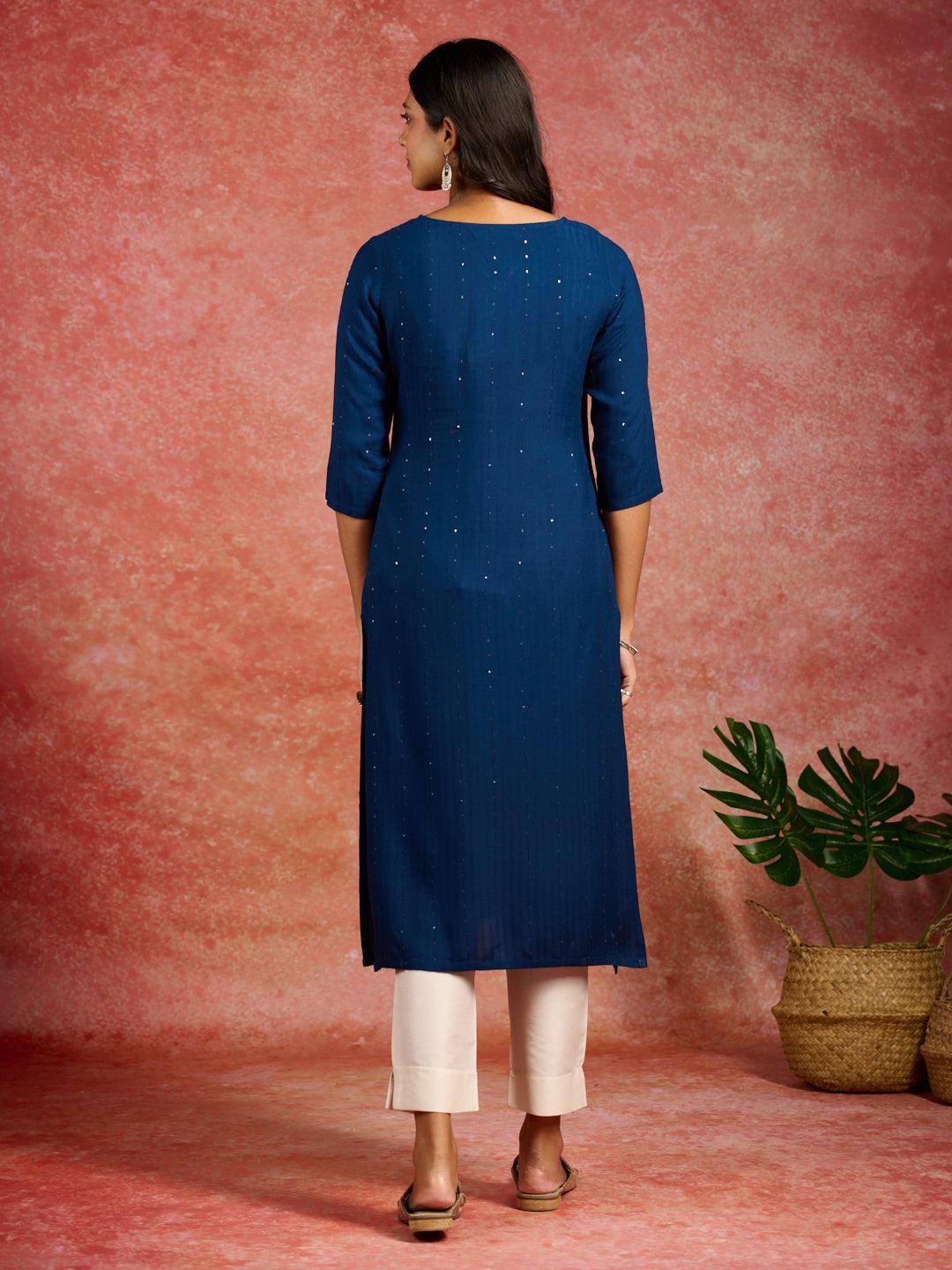 Blue Embroidered Rayon Straight Kurta