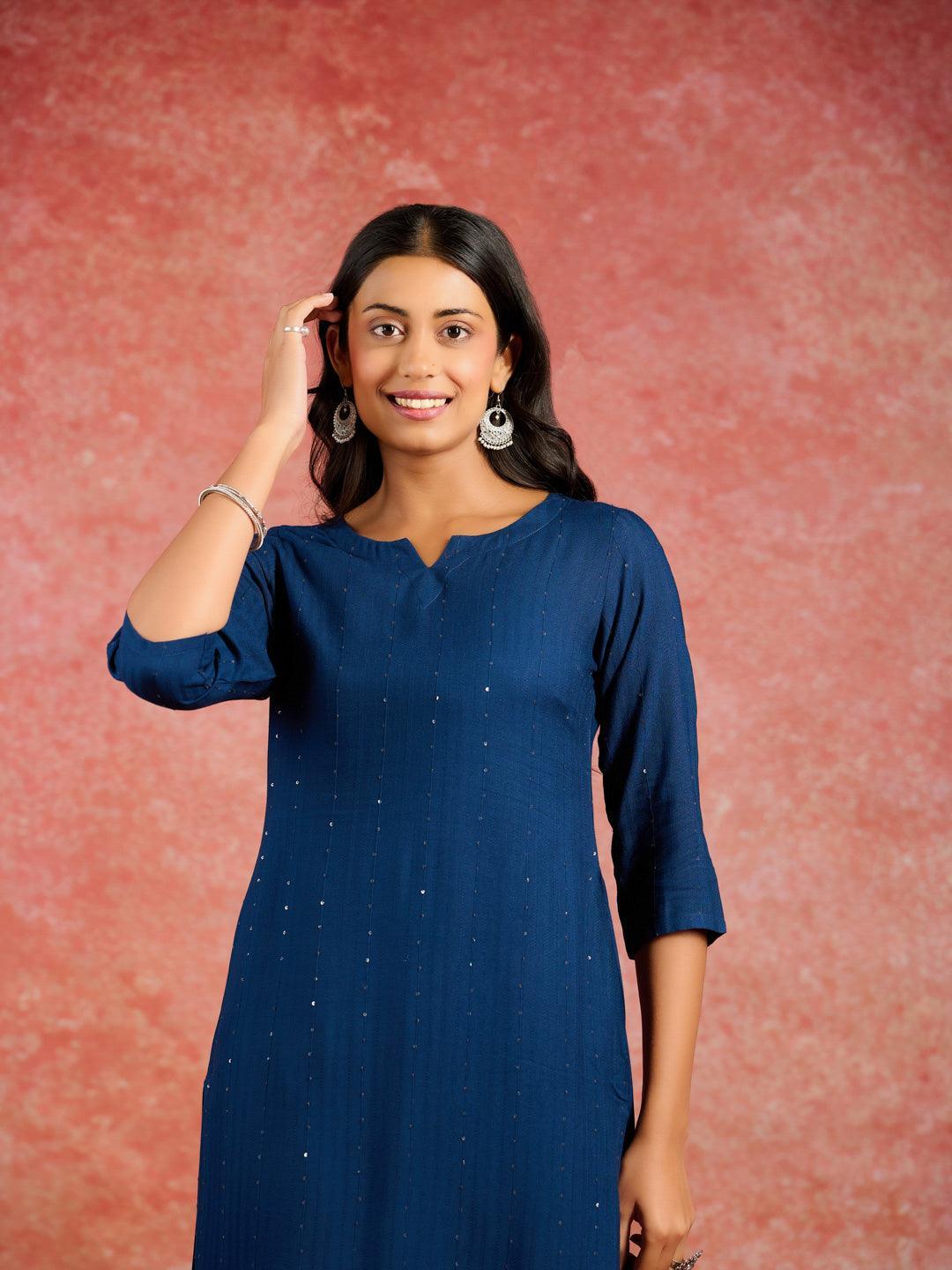 Blue Embroidered Rayon Straight Kurta