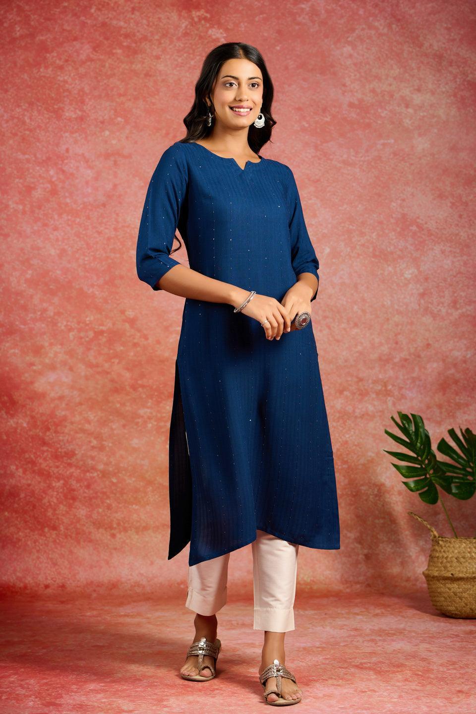 Blue Embroidered Rayon Straight Kurta