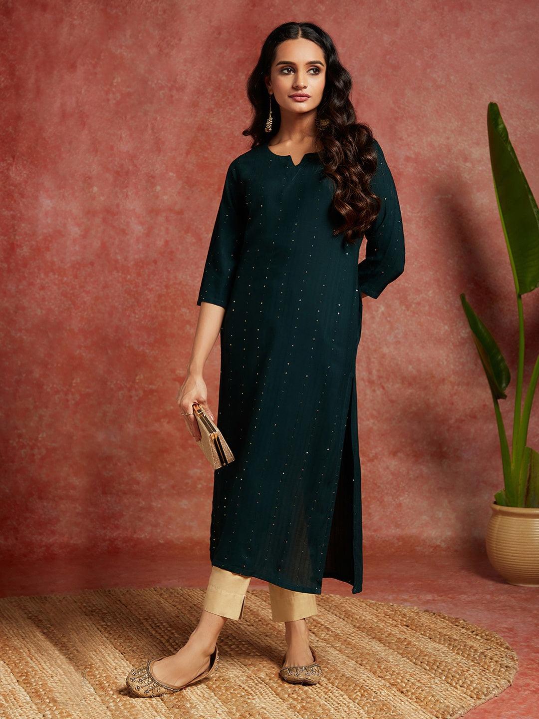 Green Embellished Rayon Straight Kurta - ShopLibas