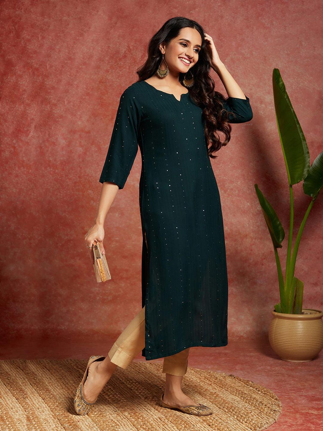 Green Embellished Rayon Straight Kurta