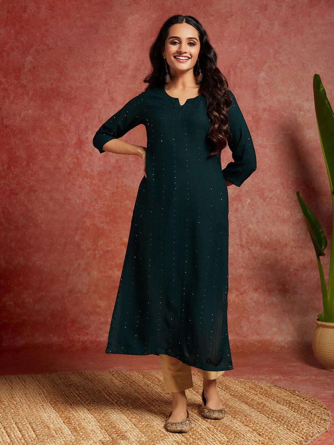 Green Embellished Rayon Straight Kurta - ShopLibas