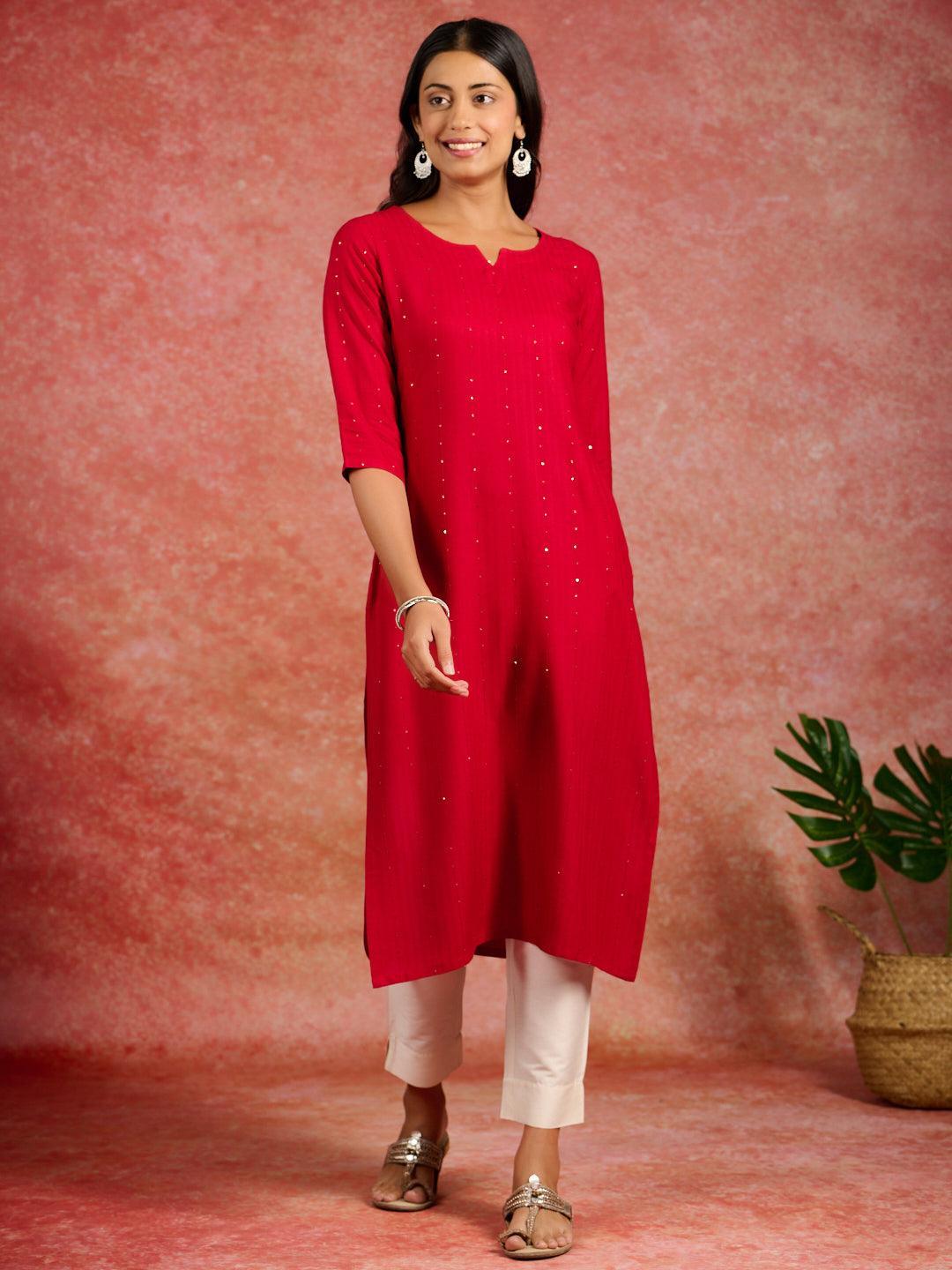 Red Embroidered Rayon Straight Kurta - ShopLibas