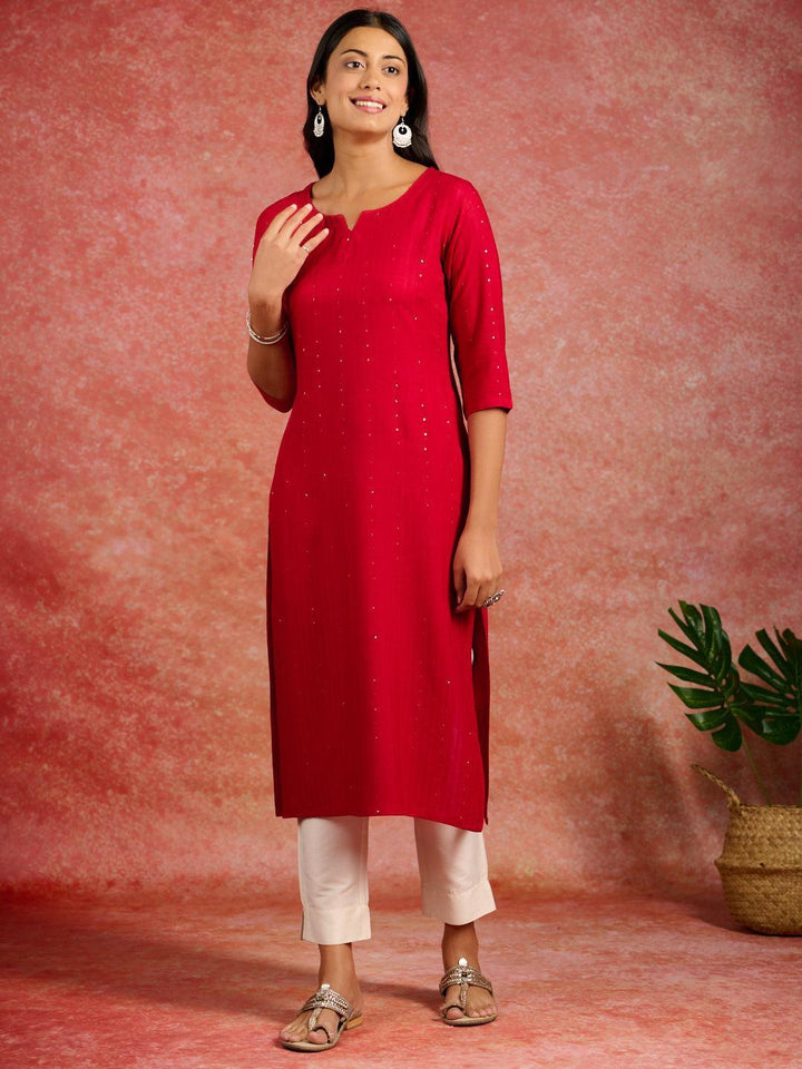 Red Embroidered Rayon Straight Kurta - ShopLibas