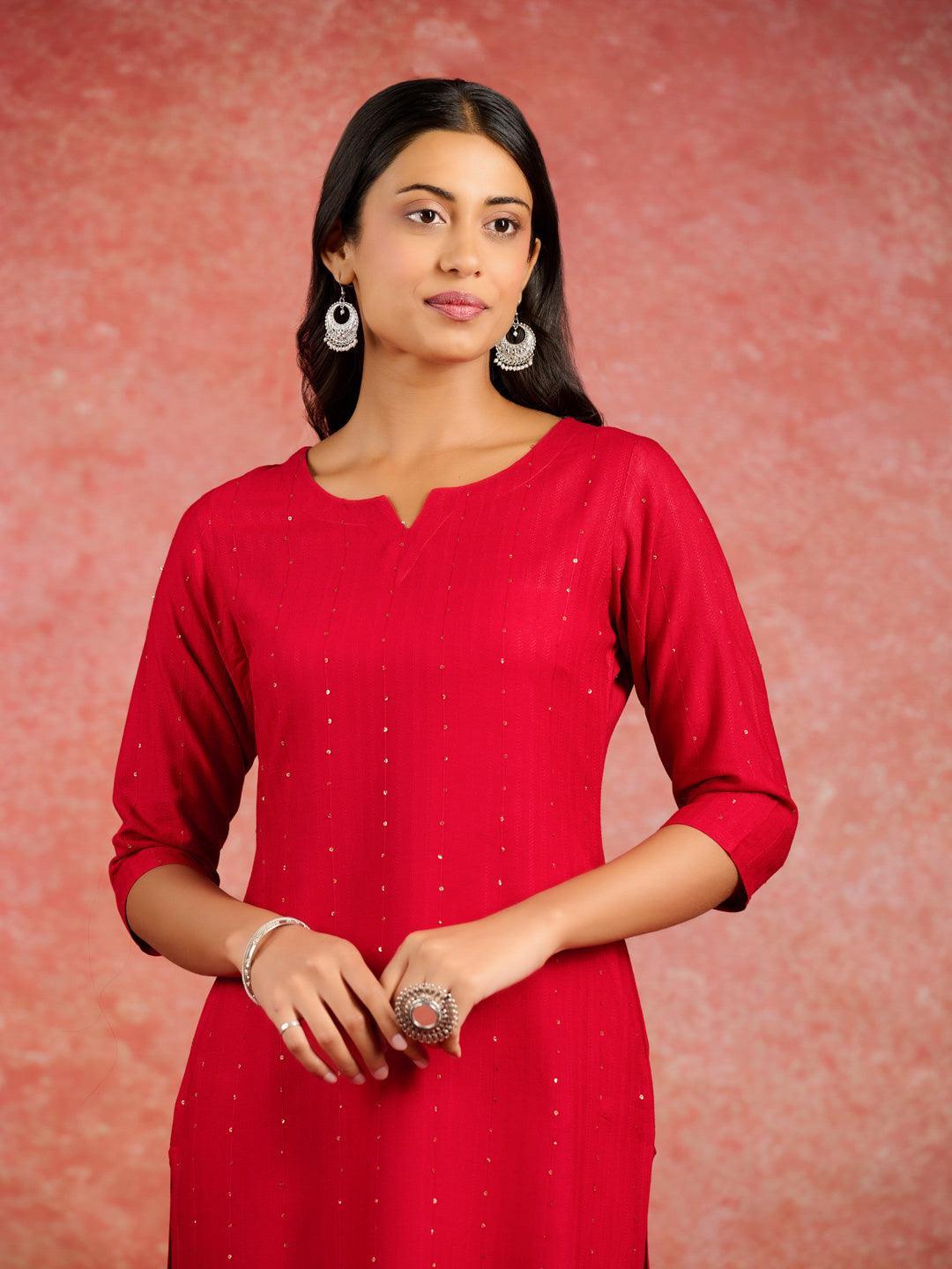 Red Embroidered Rayon Straight Kurta - ShopLibas