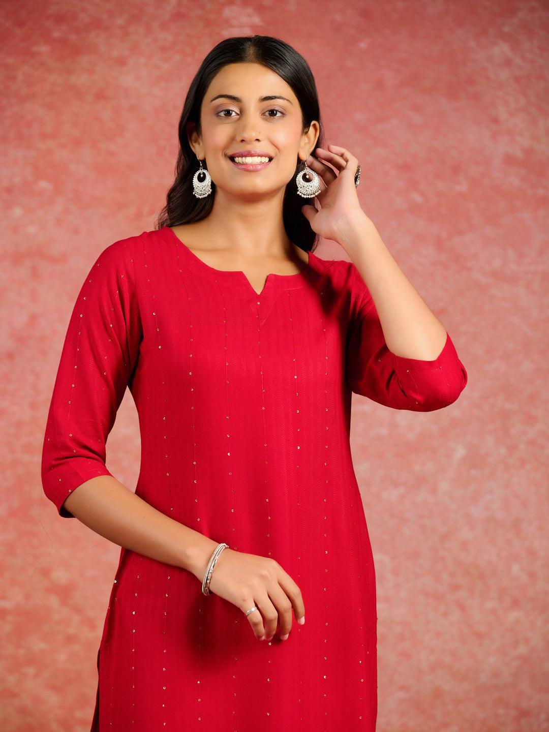 Red Embroidered Rayon Straight Kurta - ShopLibas