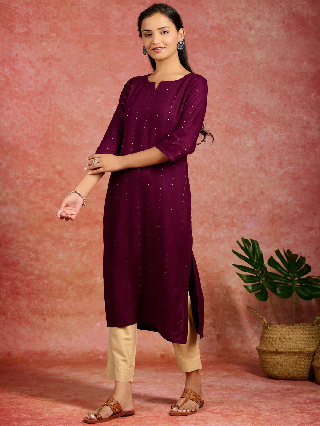 Burgundy Embroidered Rayon Straight Kurta - ShopLibas