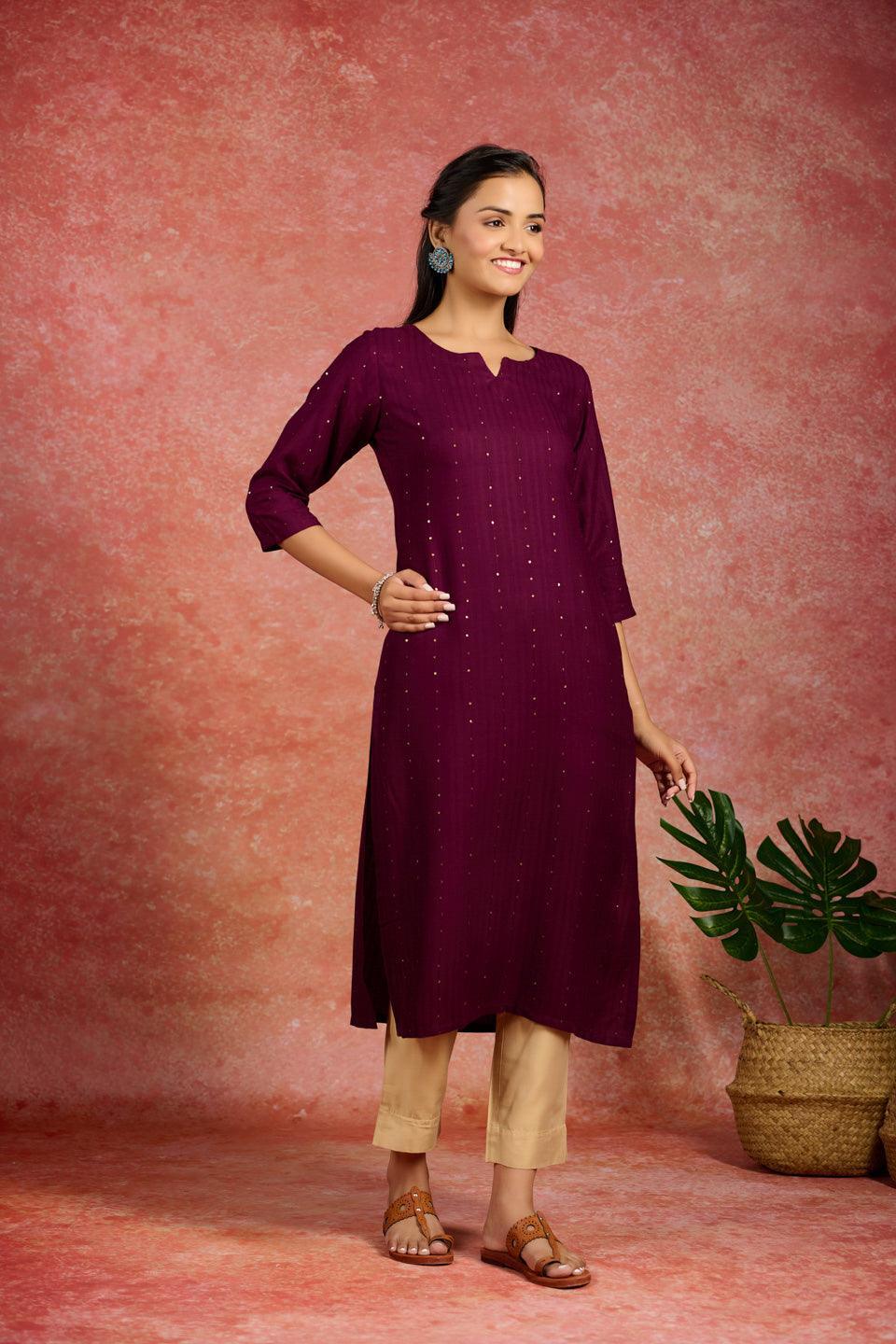 Burgundy Embroidered Rayon Straight Kurta