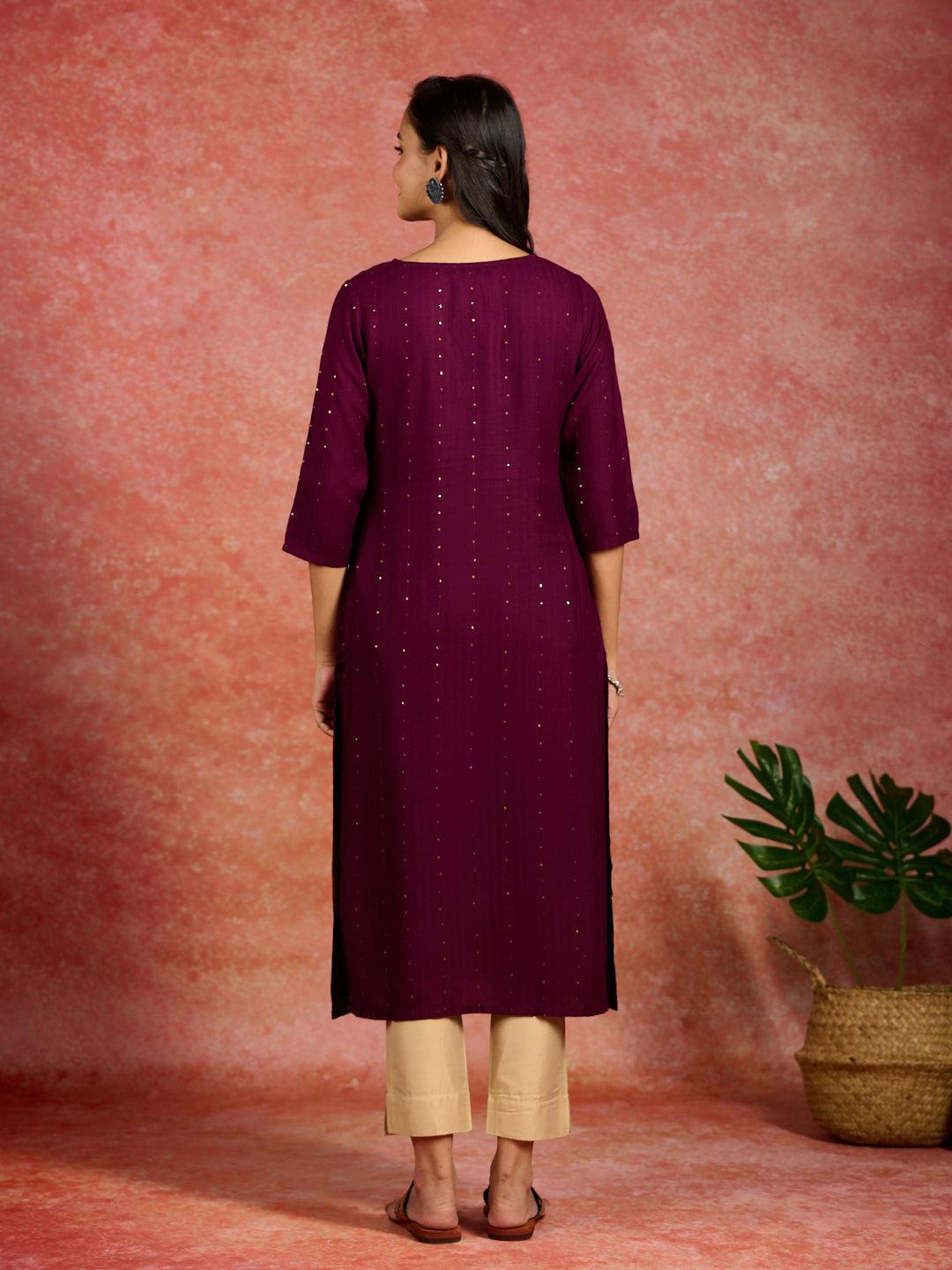 Burgundy Embroidered Rayon Straight Kurta