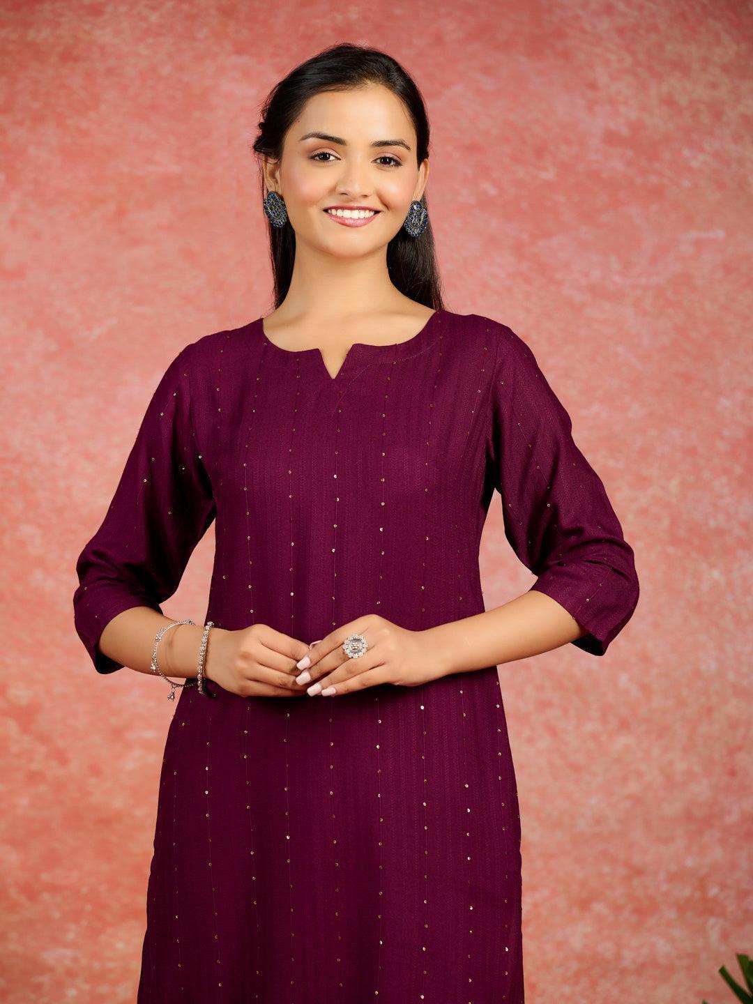 Burgundy Embroidered Rayon Straight Kurta