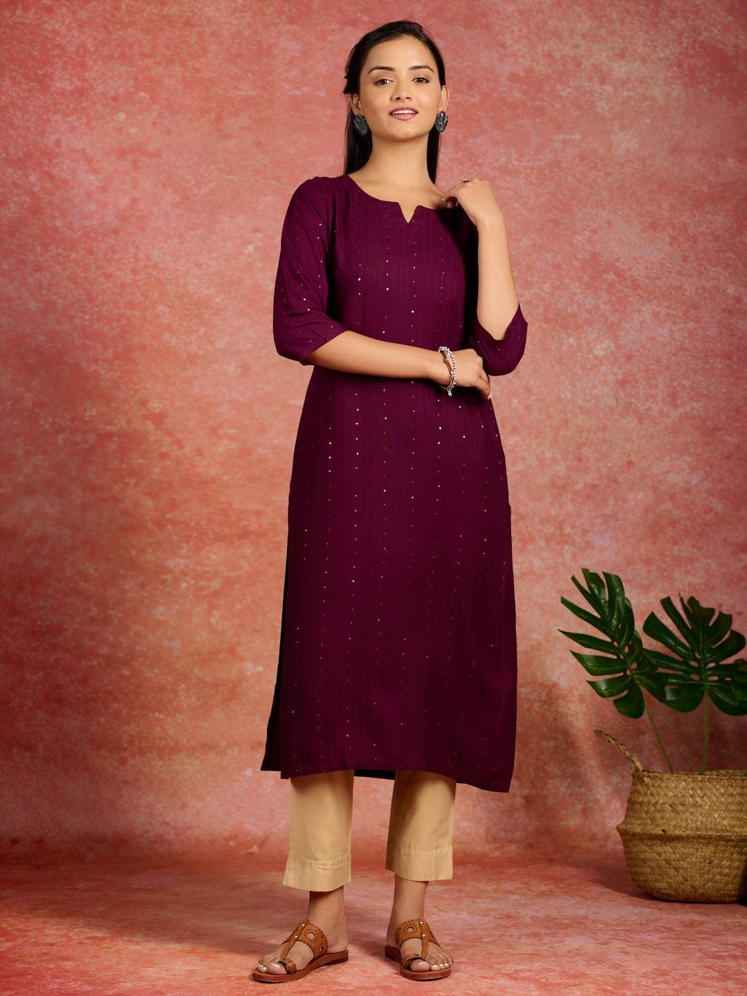 Burgundy Embroidered Rayon Straight Kurta