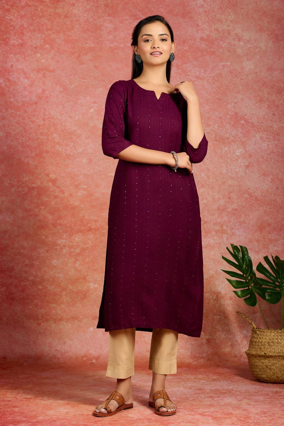 Burgundy Embroidered Rayon Straight Kurta