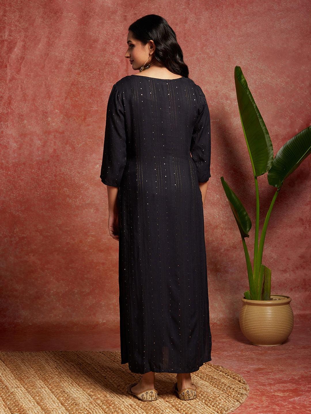 Charcoal Grey Woven Design Rayon Straight Kurta