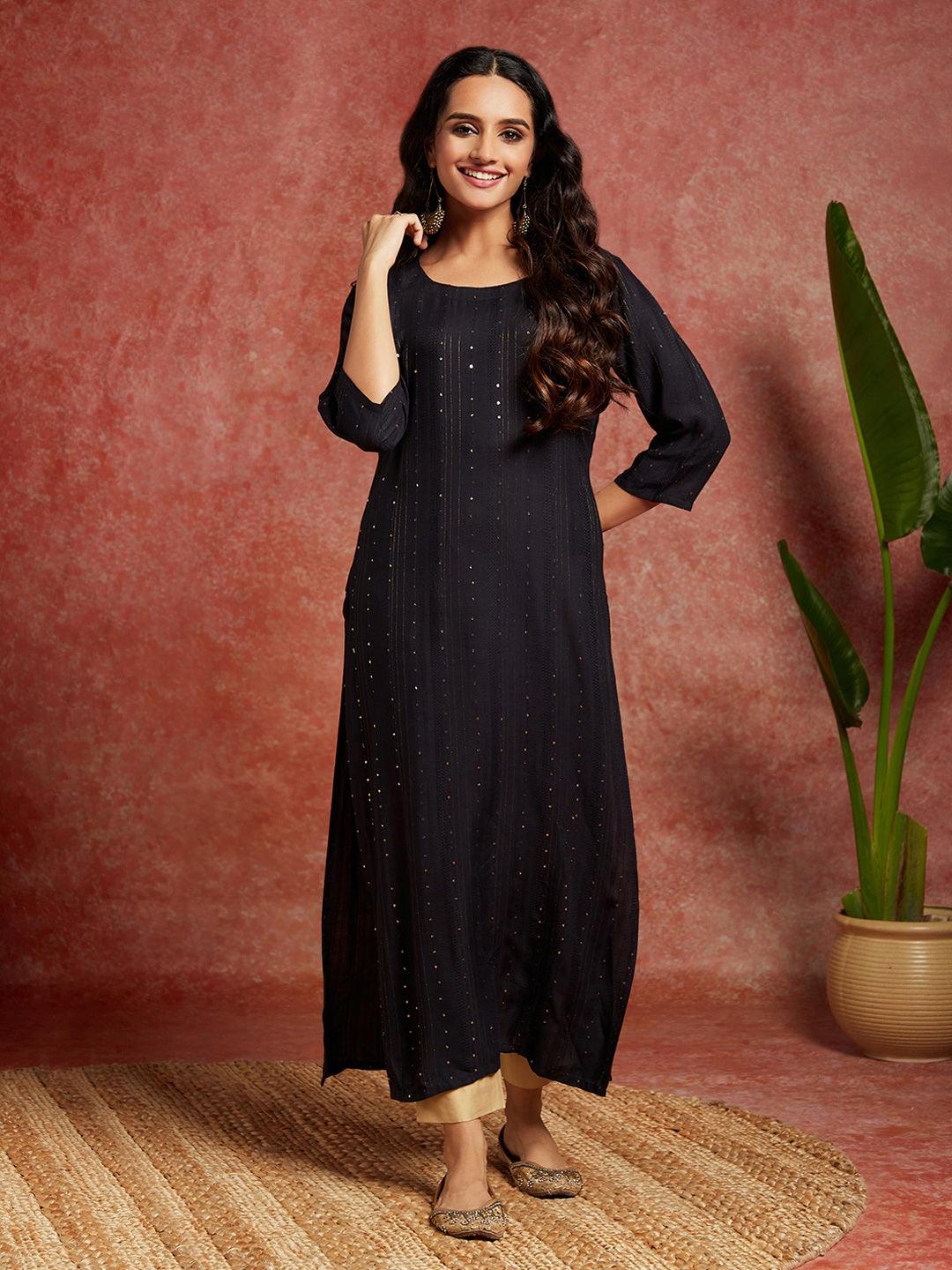 Charcoal Grey Woven Design Rayon Straight Kurta