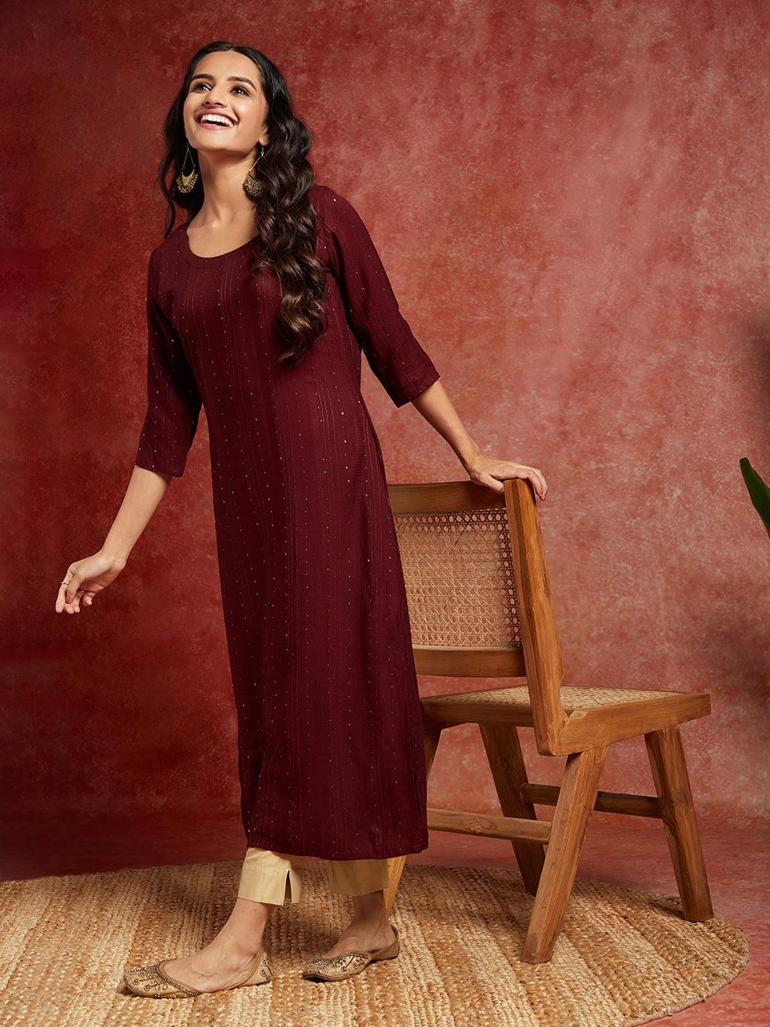 Maroon Woven Design Rayon Straight Kurta