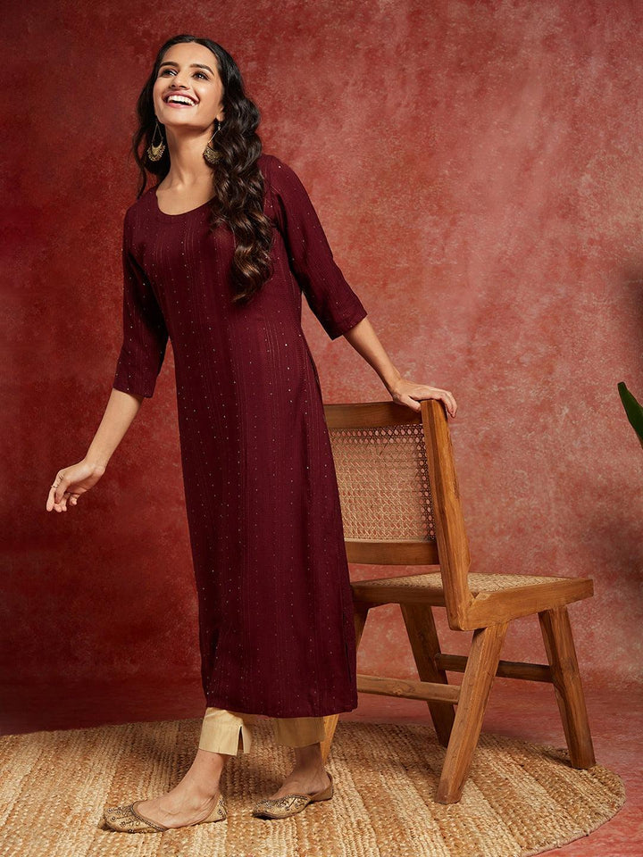 Maroon Woven Design Rayon Straight Kurta - ShopLibas