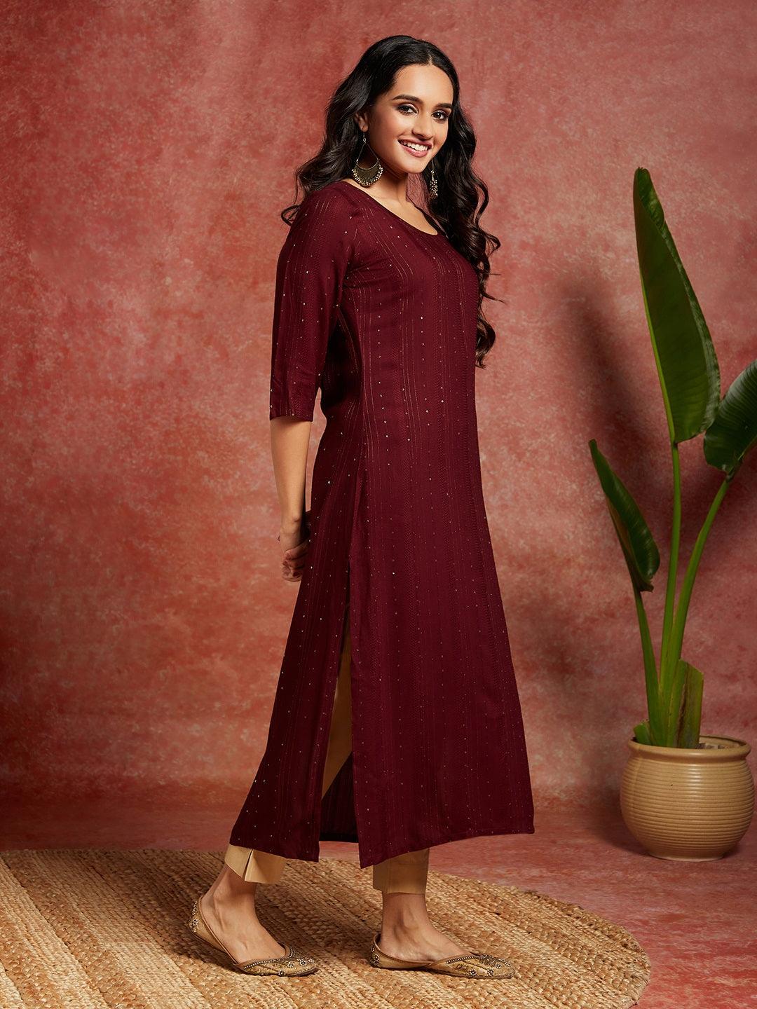 Maroon Woven Design Rayon Straight Kurta