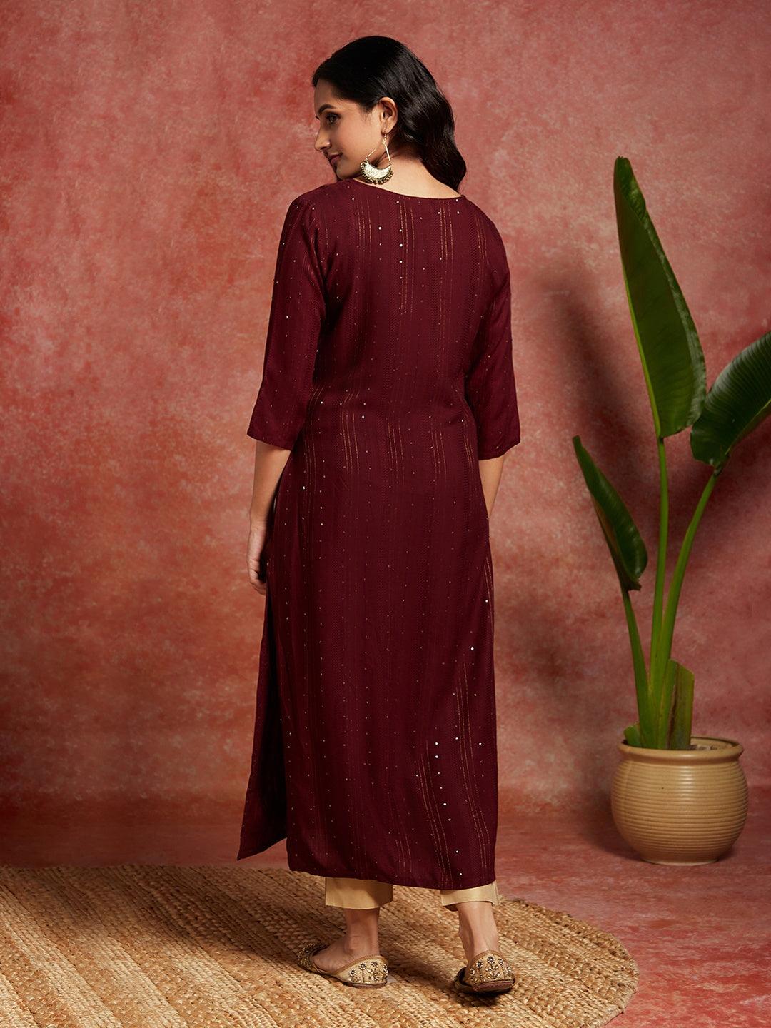 Maroon Woven Design Rayon Straight Kurta - ShopLibas