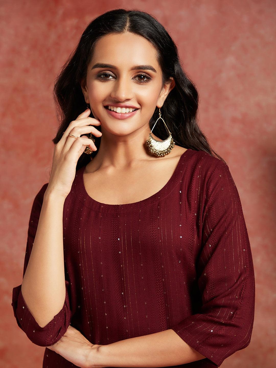 Maroon Woven Design Rayon Straight Kurta - ShopLibas