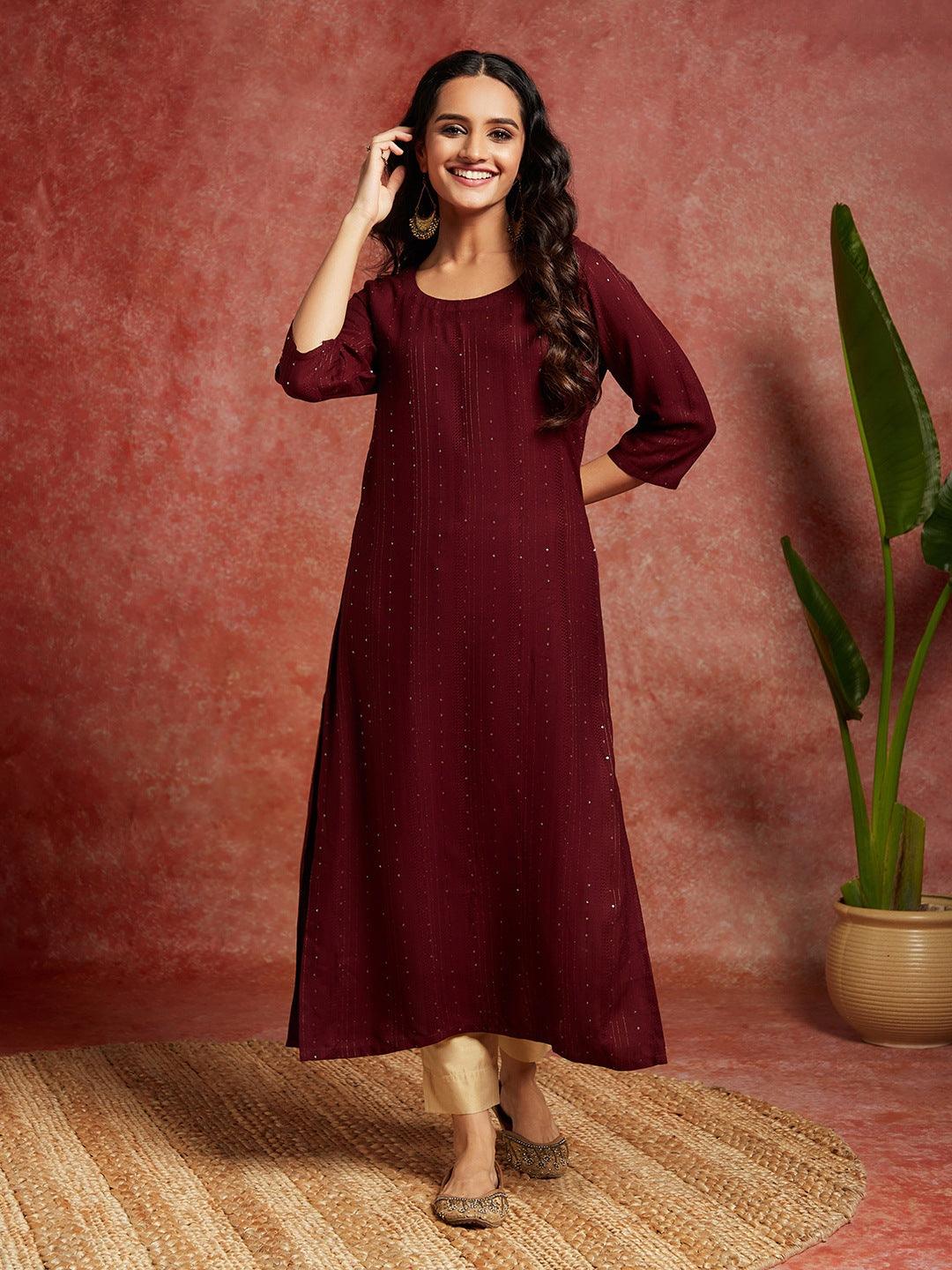 Maroon Woven Design Rayon Straight Kurta