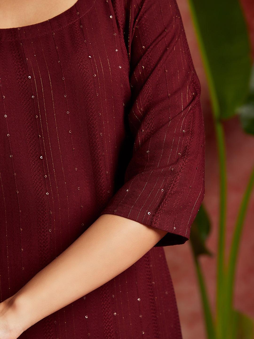 Maroon Woven Design Rayon Straight Kurta