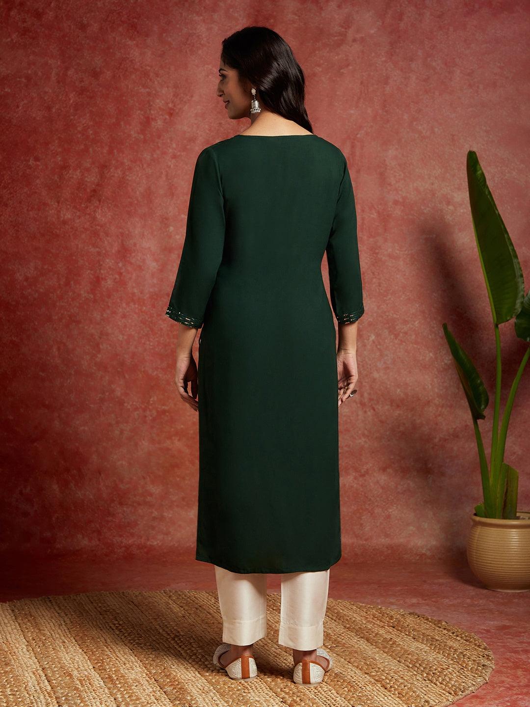 Green Embroidered Rayon Straight Kurta - ShopLibas