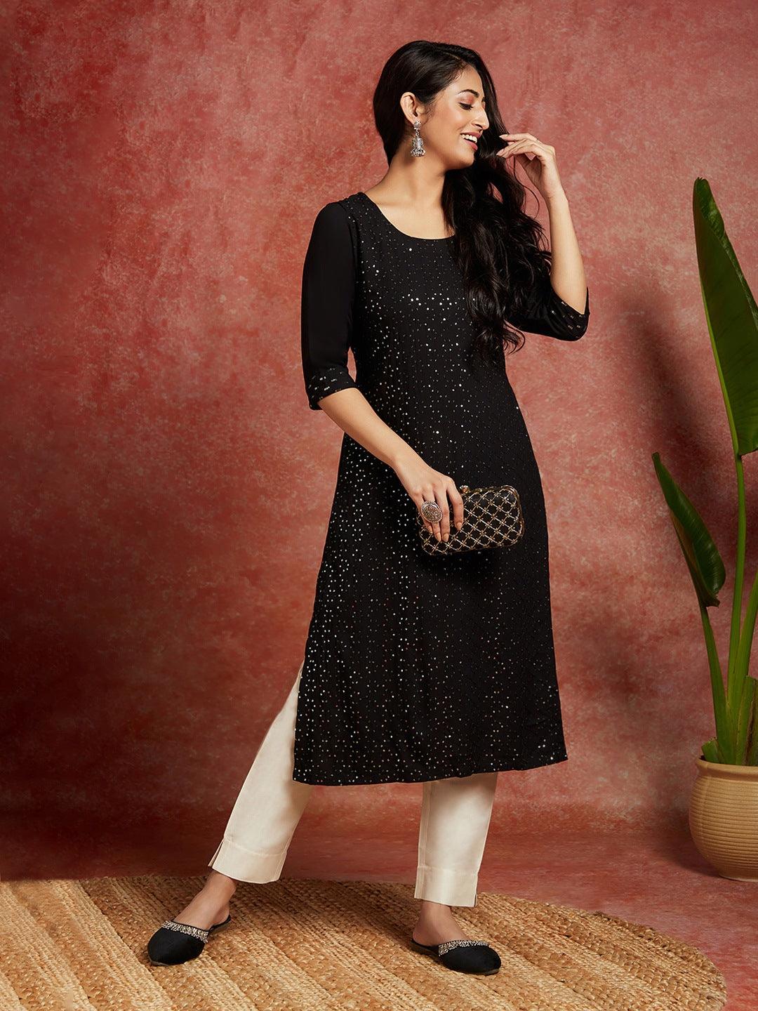 Black Embellished Rayon Straight Kurta