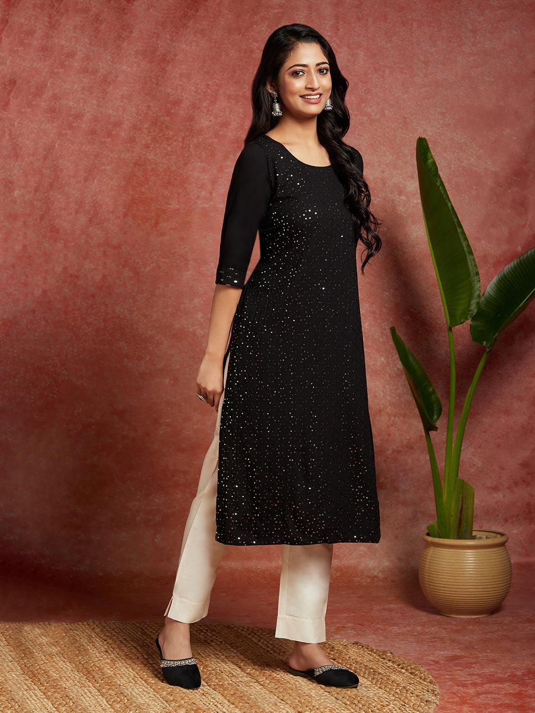 Black Embellished Rayon Straight Kurta