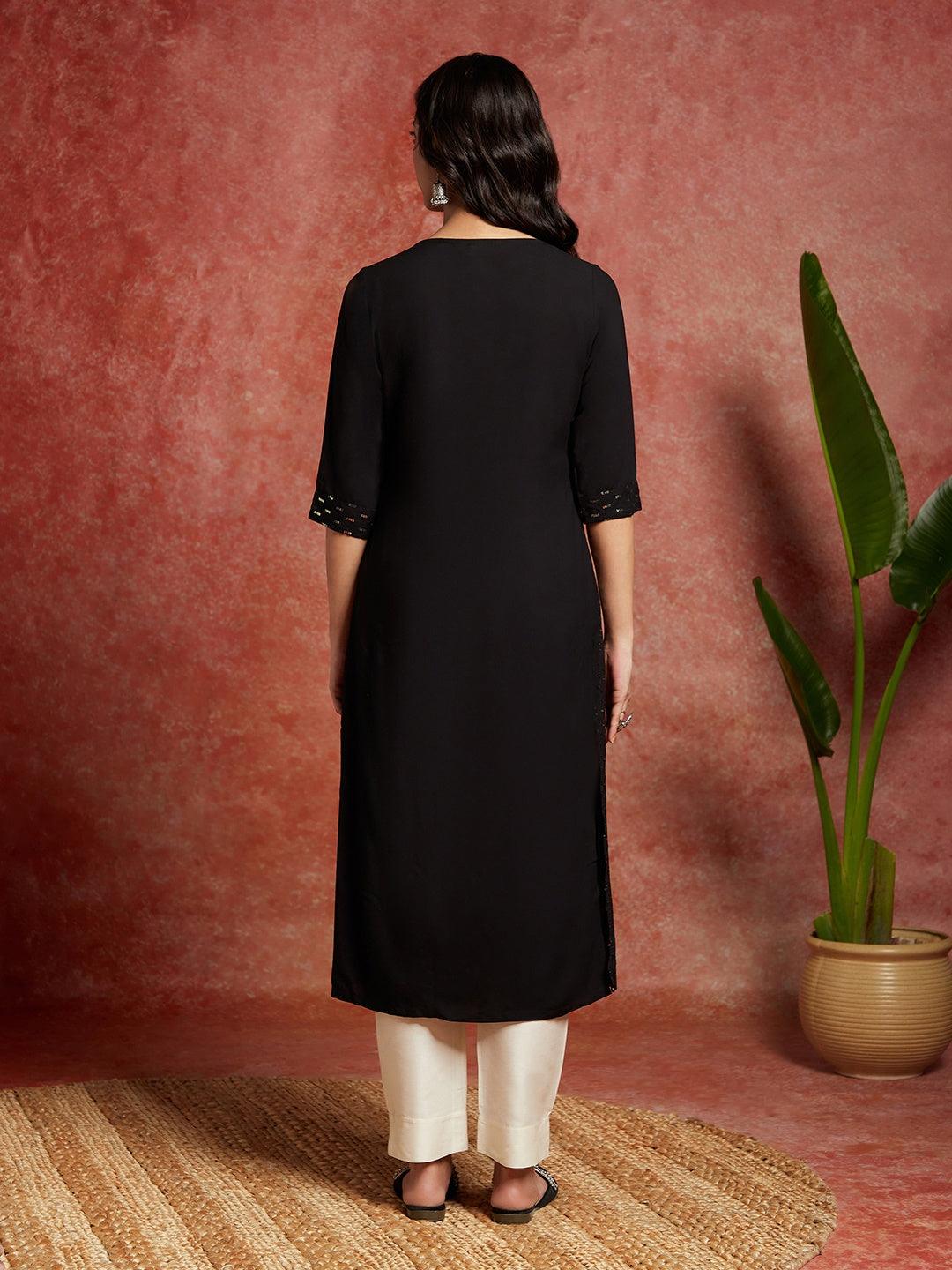 Black Embellished Rayon Straight Kurta