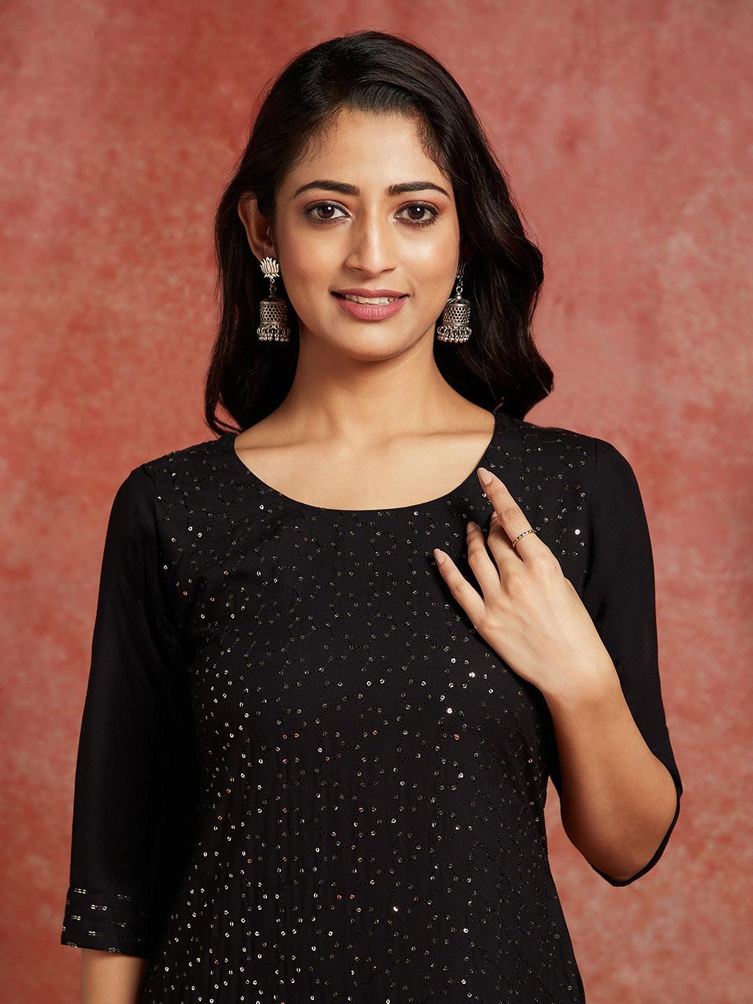 Black Embellished Rayon Straight Kurta