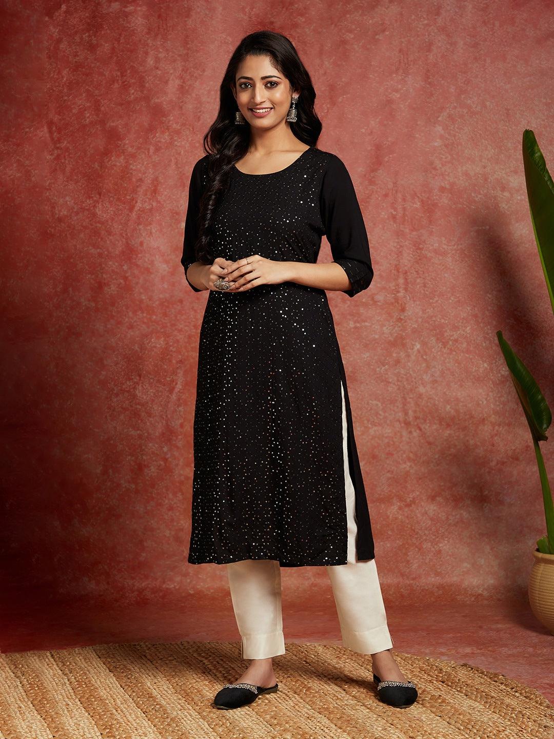 Black Embellished Rayon Straight Kurta