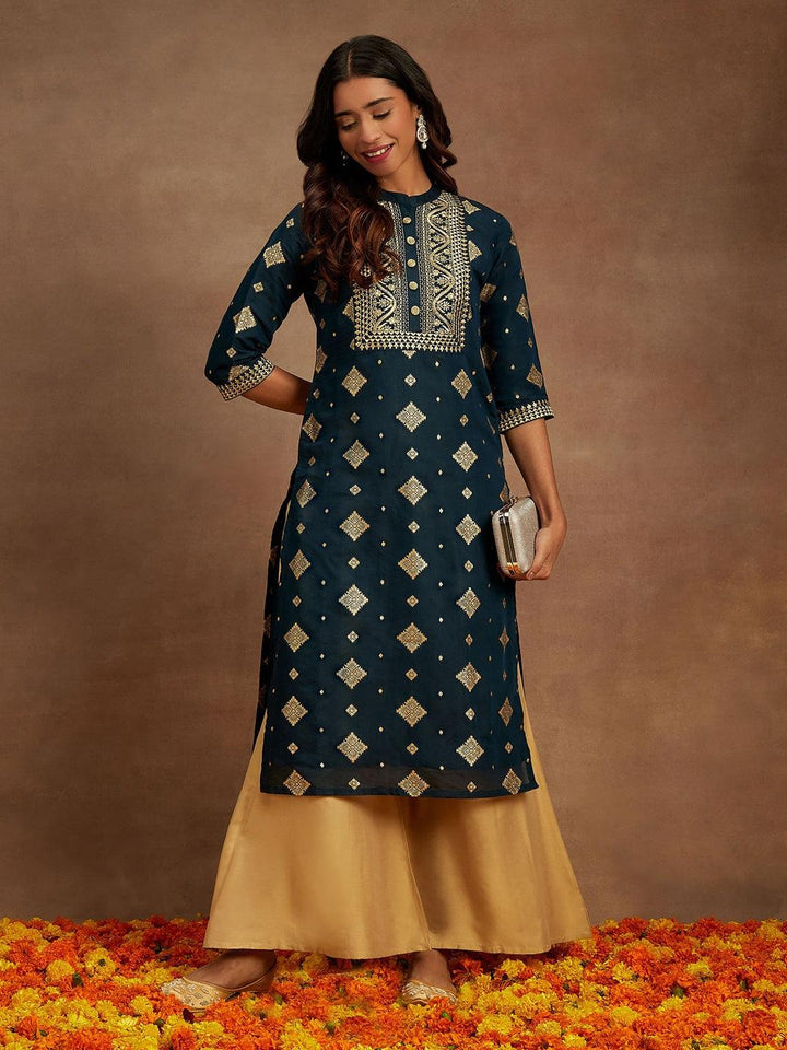 Blue Woven Design Chanderi Silk Straight Kurta - ShopLibas