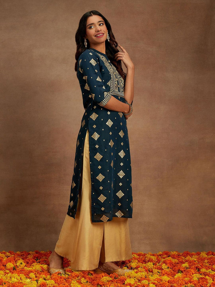 Blue Woven Design Chanderi Silk Straight Kurta - ShopLibas