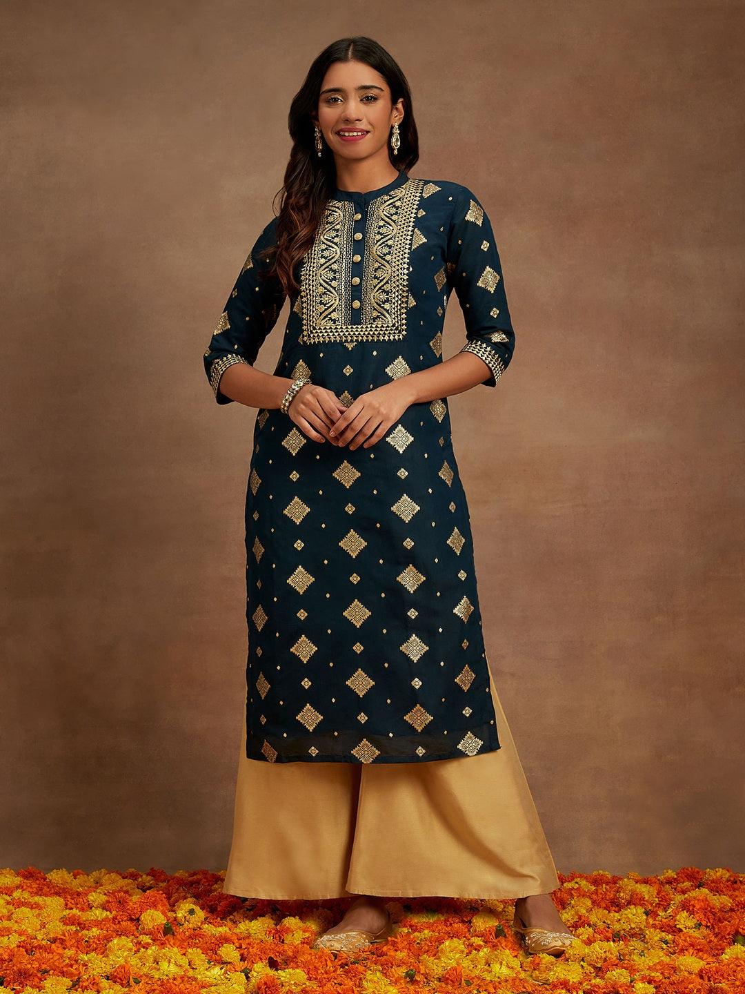 Blue Woven Design Chanderi Silk Straight Kurta