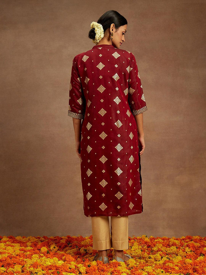 Maroon Woven Design Chanderi Silk Straight Kurta - ShopLibas